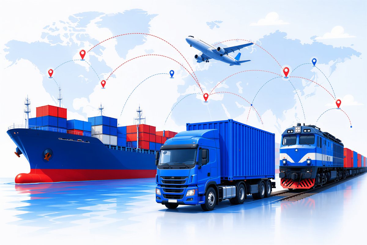 Global shipping network with ship, truck and train cargo transport
