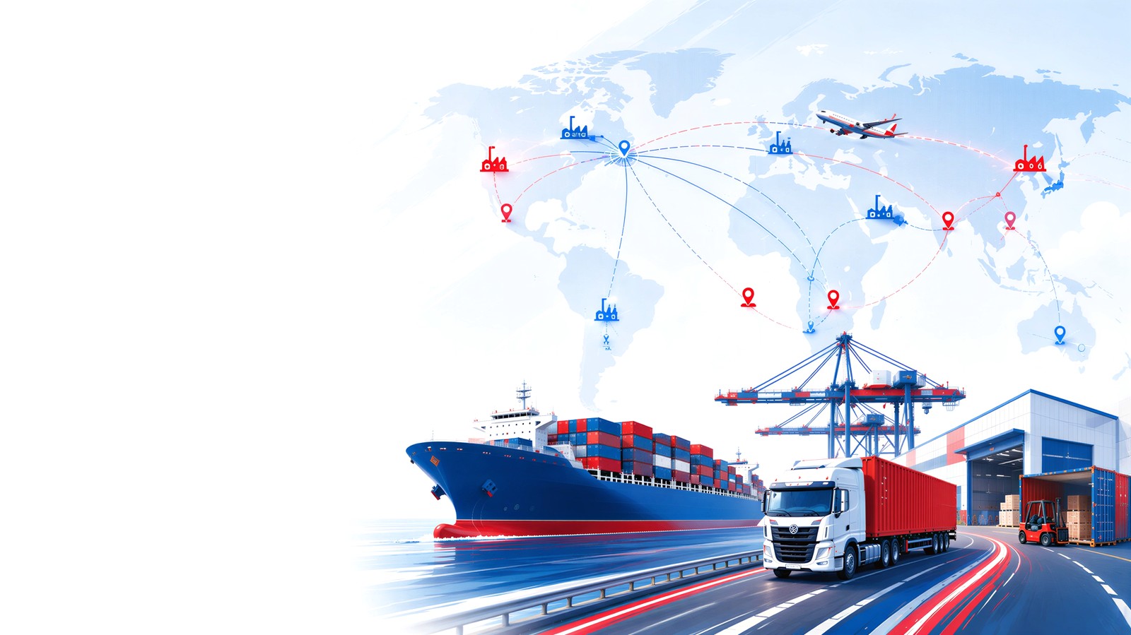 Global shipping by container vessel, freight truck and warehouse
