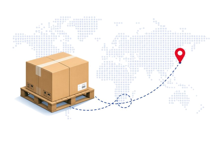 Cargo pallet shipped along a global trade route